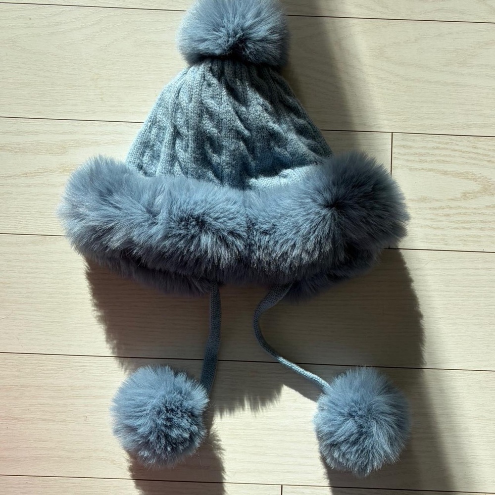 awesome sky blue fur beanie with fluffy Pom poms